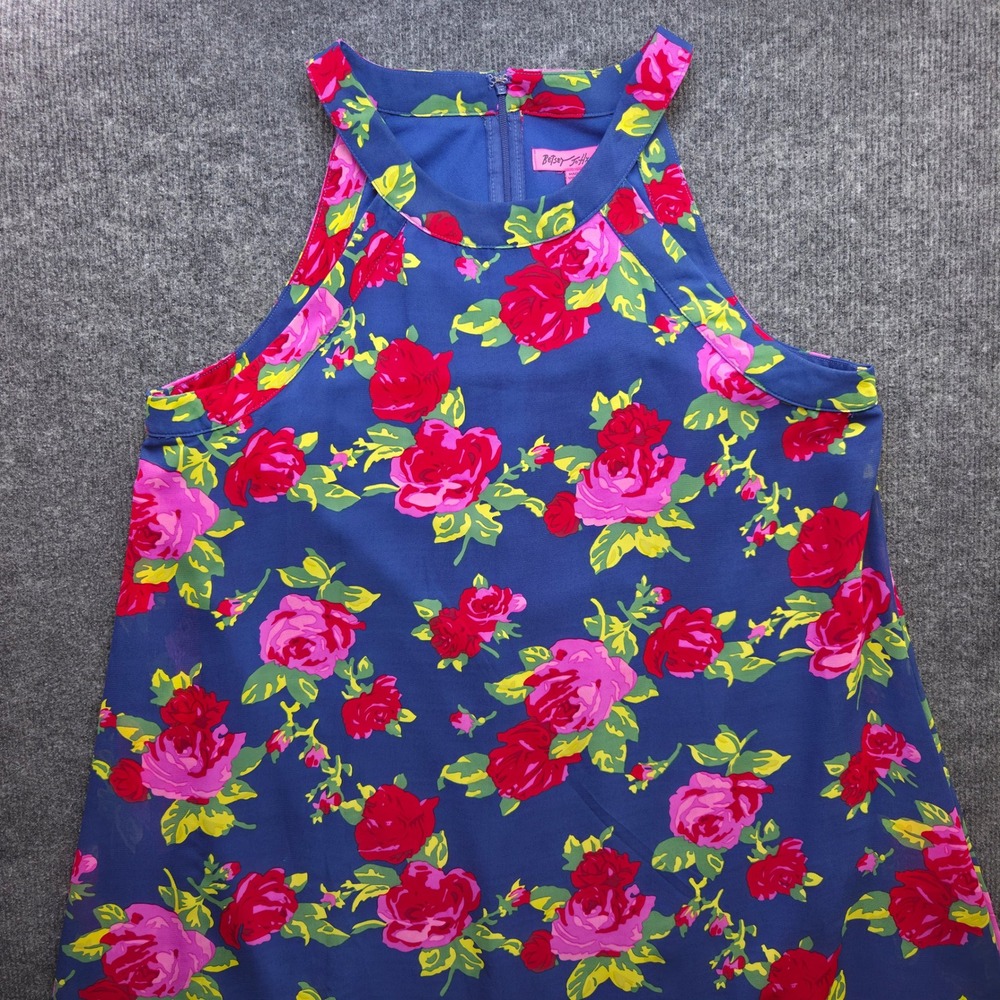 Betsey Johnson Women 10 Blue Floral Chiffon Halter Dress Rose Print Summer